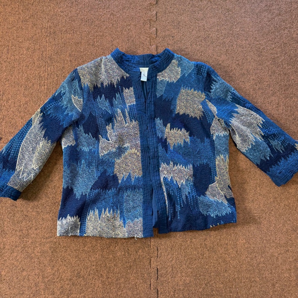 Chicos Blue Embroidered Quilted Open Front Jacket Sz 2 Large Cotton Lightweight